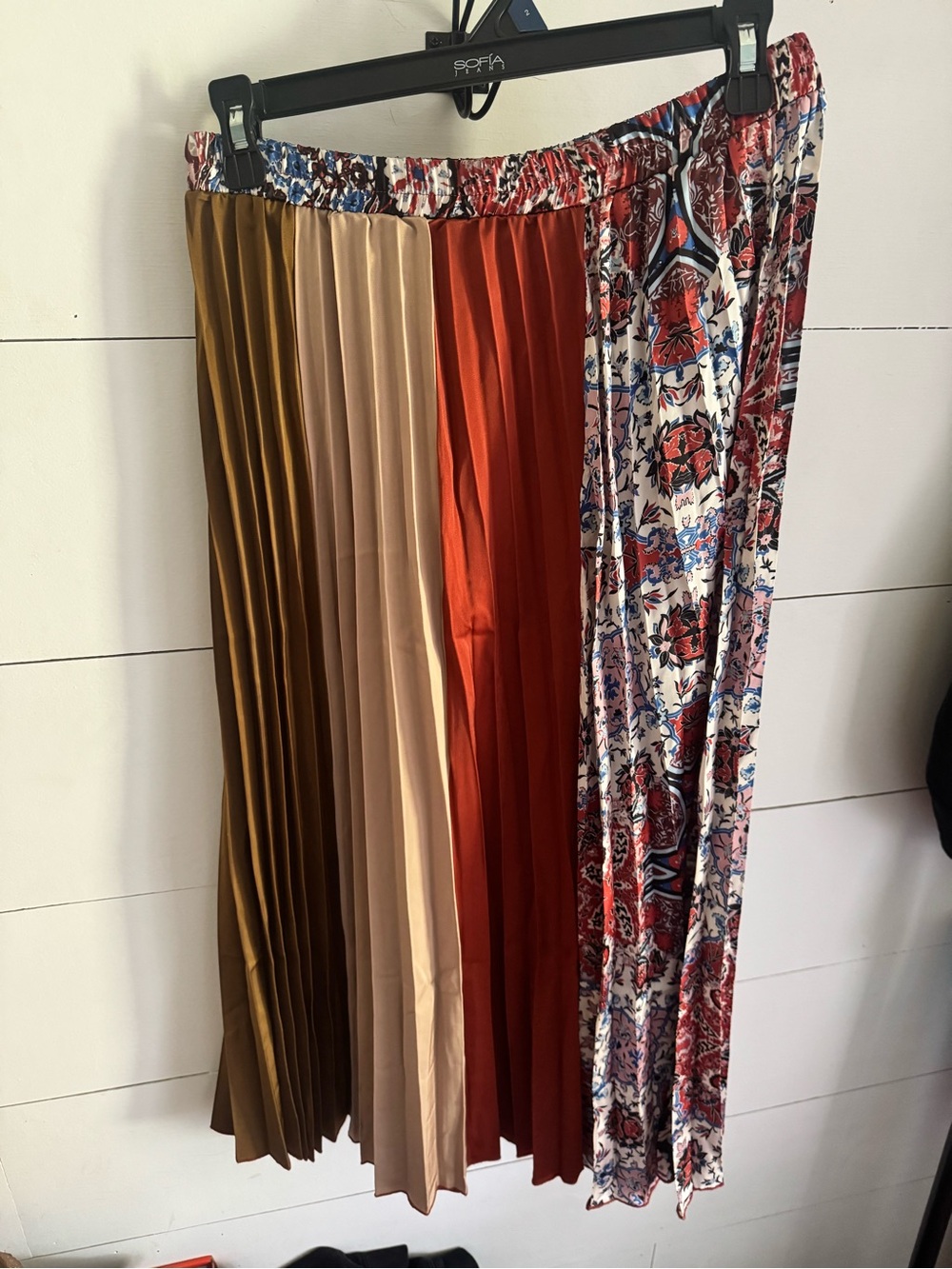 Mystree Multi-Panel Pleated Maxi Skirt in Rust, Cream & Brown